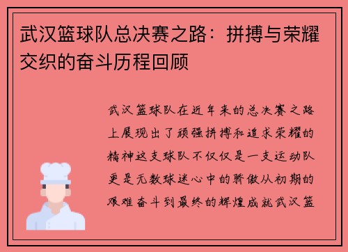 武汉篮球队总决赛之路：拼搏与荣耀交织的奋斗历程回顾