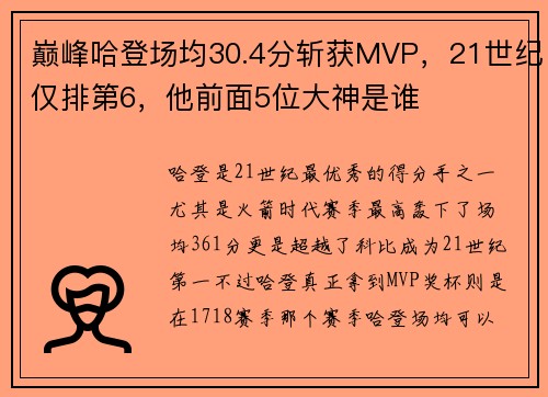 巅峰哈登场均30.4分斩获MVP，21世纪仅排第6，他前面5位大神是谁